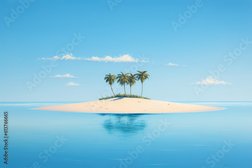 Small tropical sandy island surrounded by the blue waters of the ocean. A beautiful bright blue summer sunny sky. Creative concept of summer day. Generative AI 3d render illustration imitation.