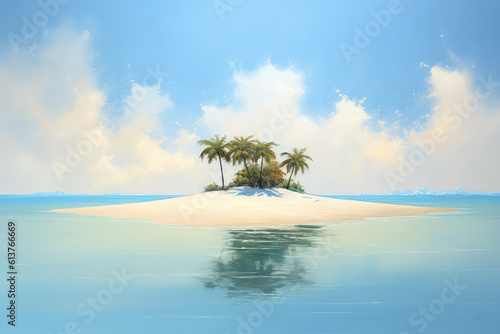 White tropical sandy island surrounded by the blue waters of the ocean. A beautiful bright blue summer sunny sky. Creative concept of summer. Generative AI 3d render illustration imitation.