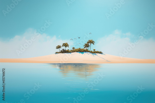 Small tropical sandy island surrounded by the blue waters of the ocean. A beautiful bright blue summer sunny sky. Creative concept of vacation. Generative AI 3d render illustration imitation.