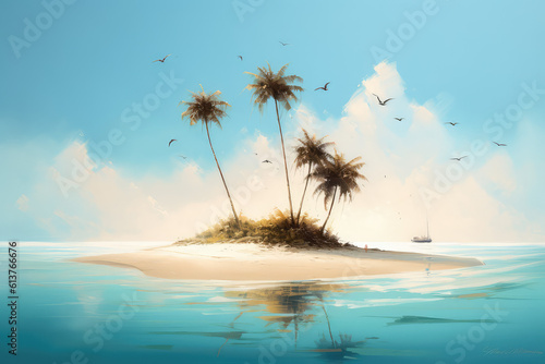 Small tropical white sandy island surrounded by the blue waters of the ocean. A beautiful bright blue summer sunny sky. Creative concept of summer. Generative AI 3d render illustration imitation.