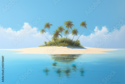 Small tropical sandy island surrounded by the blue waters of the sea. A beautiful bright blue summer sunny sky. Creative concept of summer. Generative AI 3d render illustration imitation.
