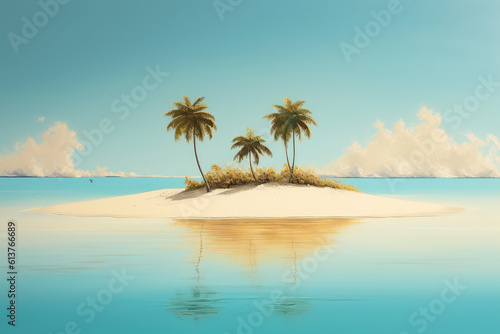 Small tropical sandy island with palm trees surrounded by the blue waters of the ocean. A bright blue summer sunny sky. Creative concept of summer. Generative AI 3d render illustration imitation.