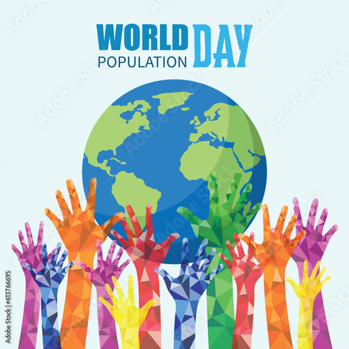 World population day flat vector illustration with colorful low polly and text