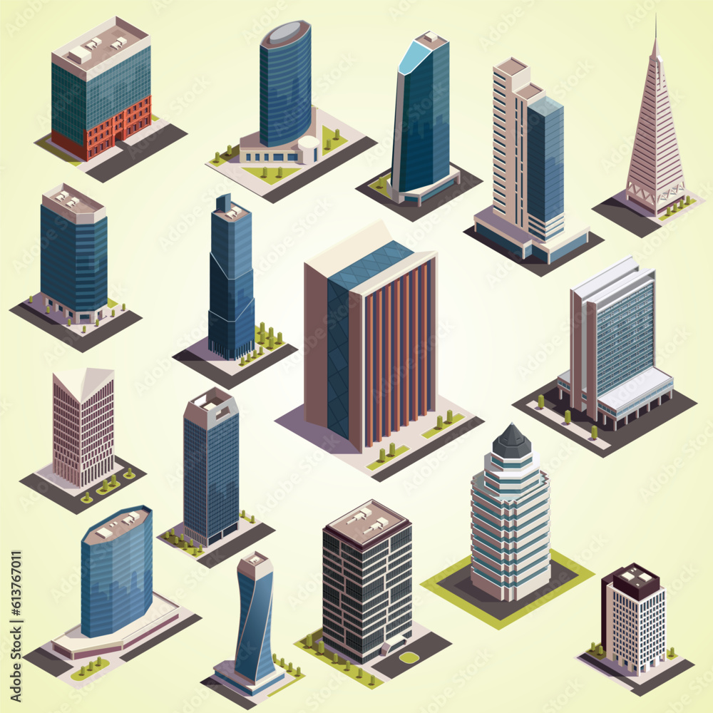 industrial buildings isometric set elements factories power plants constructor isolated city skyscrapers isometric set isolated images with outdoor looks modern buildings blank