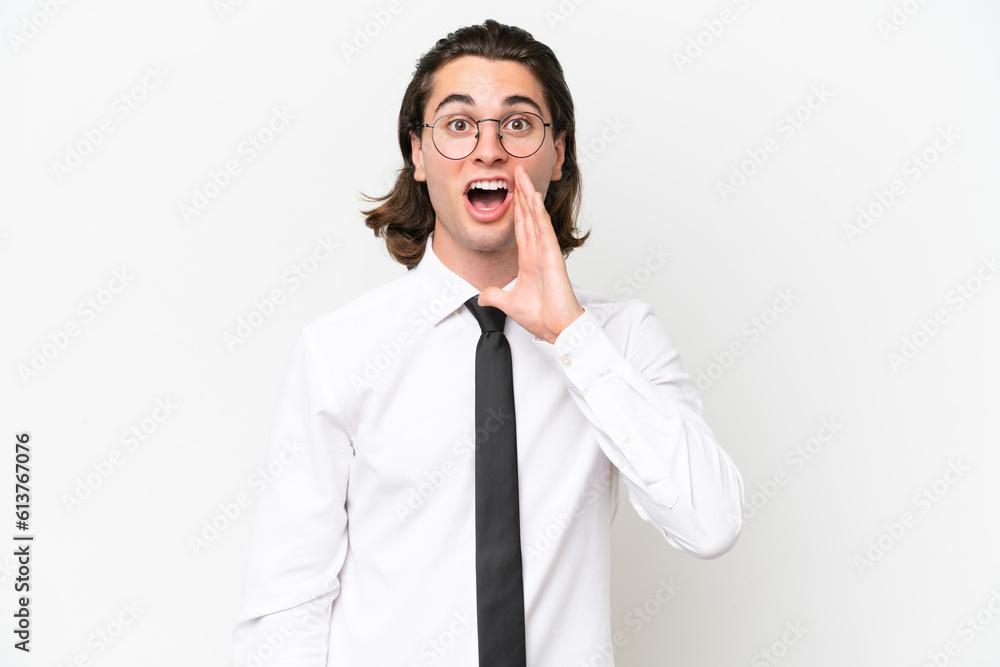Business handsome man isolated on white background with surprise and shocked facial expression Business handsome man isolated on white background with surprise and shocked facial expression