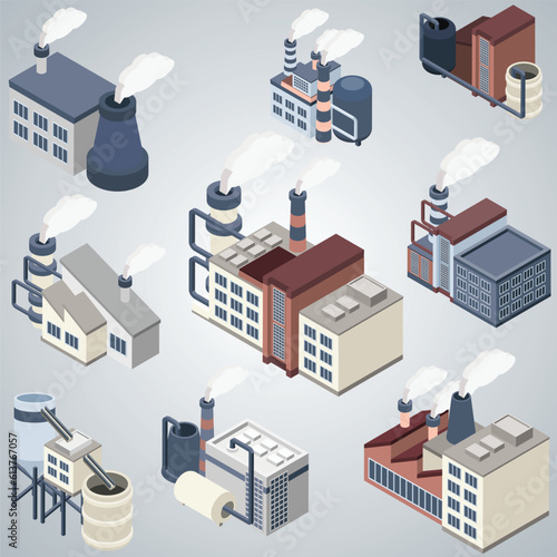 industrial buildings isometric set elements factories power plants constructor isolated city skyscrapers isometric set isolated images with outdoor looks modern buildings blank