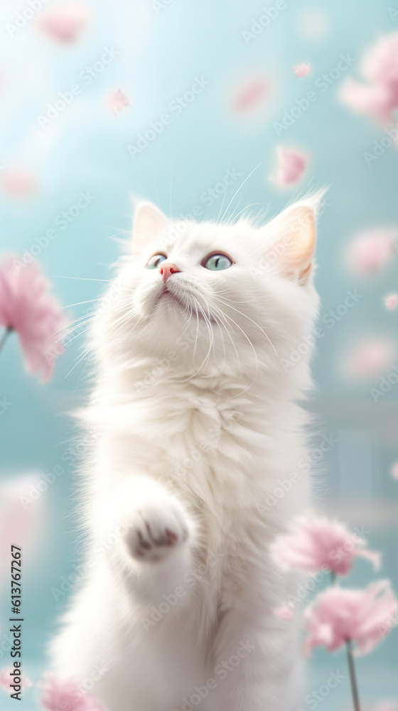 A white cat standing on its hind legs in a field of pink flowers. Generative AI. A white cat standing on its hind legs in a field of pink flowers. Generative AI.