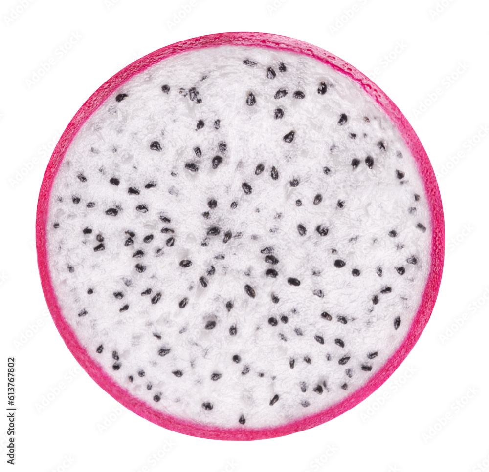 Pitahaya isolated. Ripe dragon fruit or pitaya, round fruit slice isolated on white background. Pitahaya isolated. Ripe dragon fruit or pitaya, round fruit slice isolated on white background.