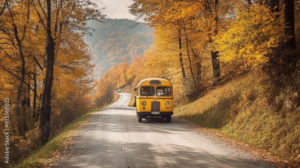 School bus drives down a country road in autumn Generative AI School bus drives down a country road in autumn Generative AI