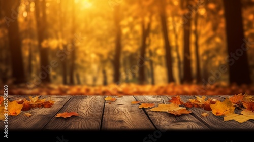 Autumn Table - Orange Leaves And Wooden Plank At Sunset In Forest Generative AI