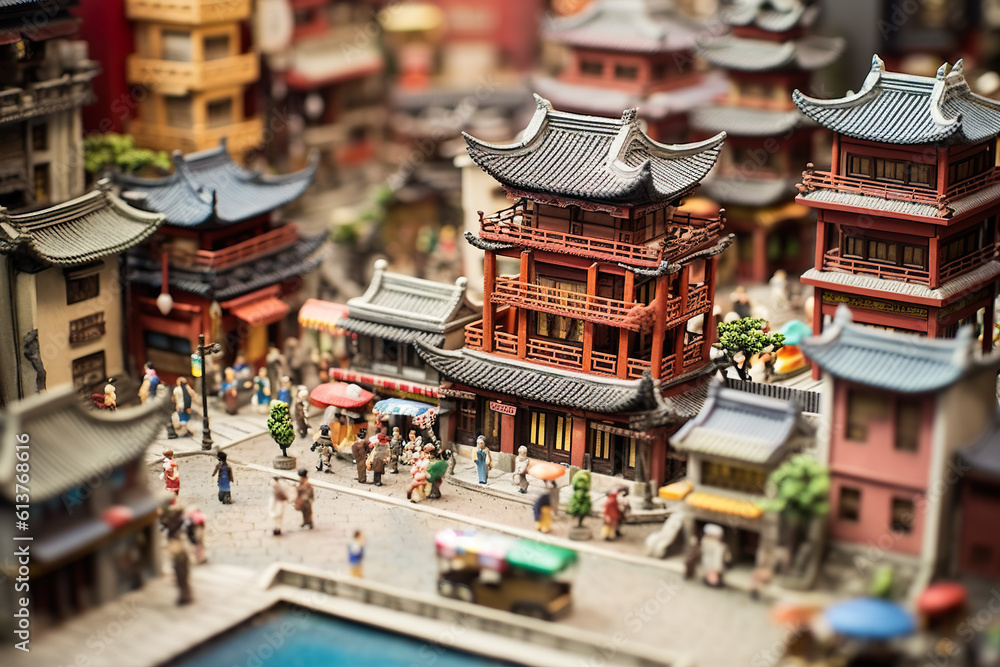 A miniature model of a city with a lot of people. Generative AI.