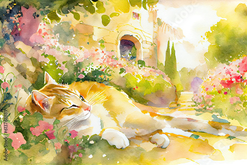 cat in the garden,cat on the grass,flower garden with many flowers blooming,cat and flowers