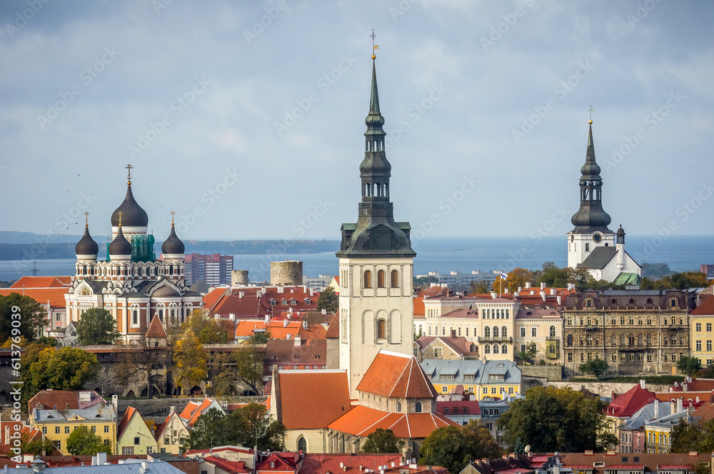 Obraz premium View of old town Tallinn including St Olaf's church tower. Estonia
