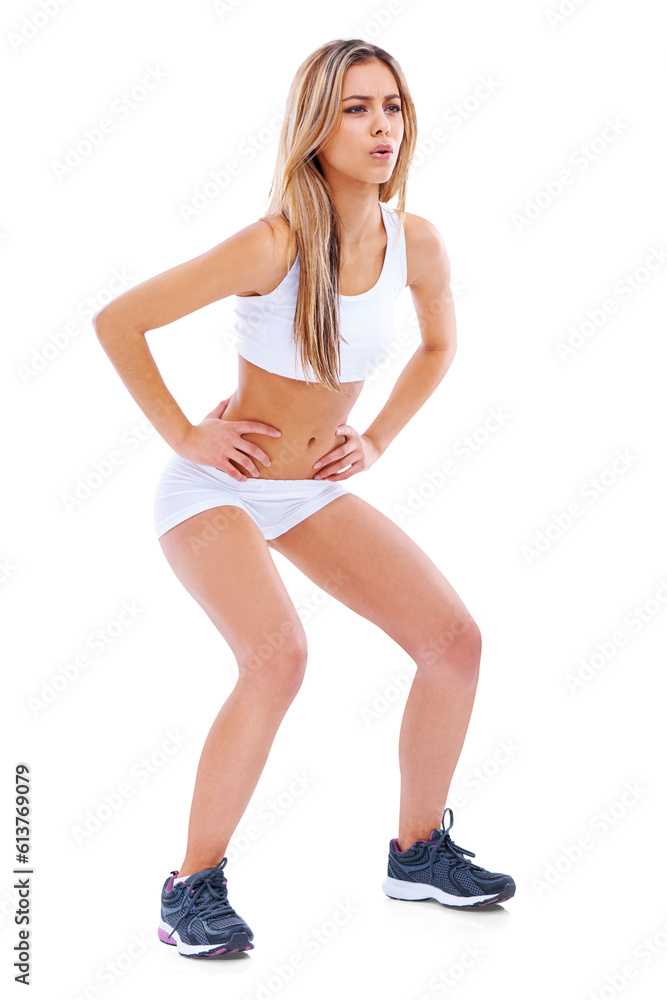 Fitness, woman with workout and squats isolated against a transparent png background in sportswear. Exercise or training, cardio or athlete and young female person breathing for health wellness Fitness, woman with workout and squats isolated against a transparent png background in sportswear. Exercise or training, cardio or athlete and young female person breathing for health wellness