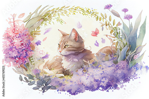 cat in the garden,cat on the grass,flower garden with many flowers blooming,cat and flowers