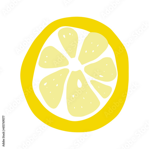 Cartoon round slice lemon. Hand-drawn citrus isolated on white background. Delicious fruit is a symbol of summer, wholesome nutrition, natural food. Ingredient for lemonade juice. Vector illustration