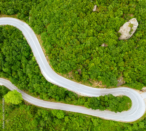 Fototapeta Naklejka Na Ścianę i Meble -  A Captivating Aerial Perspective of a Curved Road Amidst a Vibrant and Verdant Forest