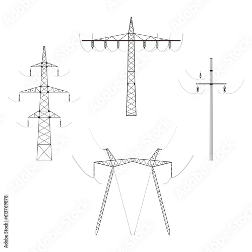 High voltage power line tangent towers electric pylons power transmission poles set realistic vector