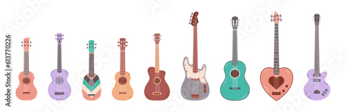 Collection of different guitars isolated on white background. String musical instruments. Acoustic, bass and electric guitars.