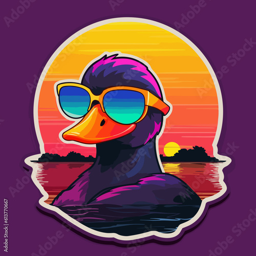 80s duck with sunglasses - diecut sticker design - flat vector art