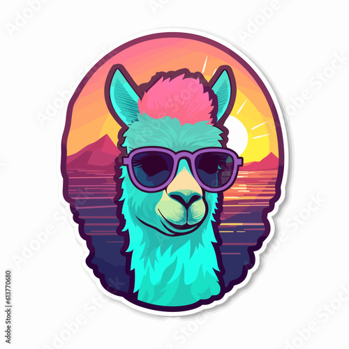80s alpaca with sunglasses - diecut sticker design - flat vector art photo