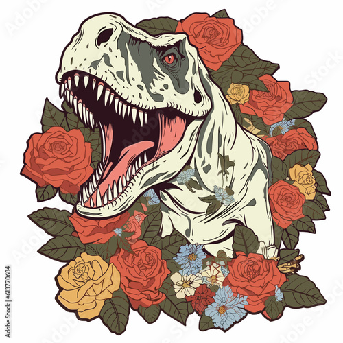 t-rex and roses - dinosaur tattoo and sticker logo - flat vector art