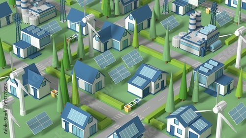 Solar-powered homes, ecology is an energy-saving concept for getting free energy from the sun. Eco-friendly smart city, 3d rendering.