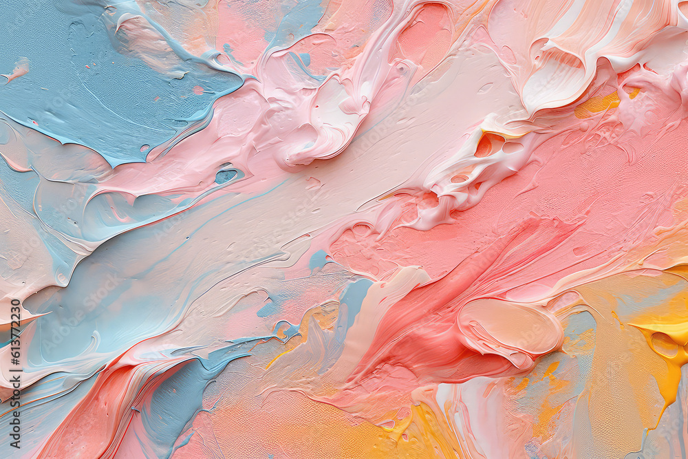 Delicate palette of cute light pastel colors. Close-up of strokes of thick paint on canvas, trendy wallpaper, presentation or banner backdrop. Generative AI illustration.
