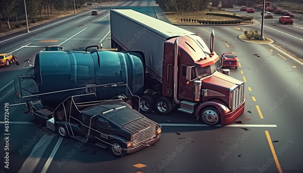 Intersection Accident Involving A Car And A Big Rig Semi Truck With