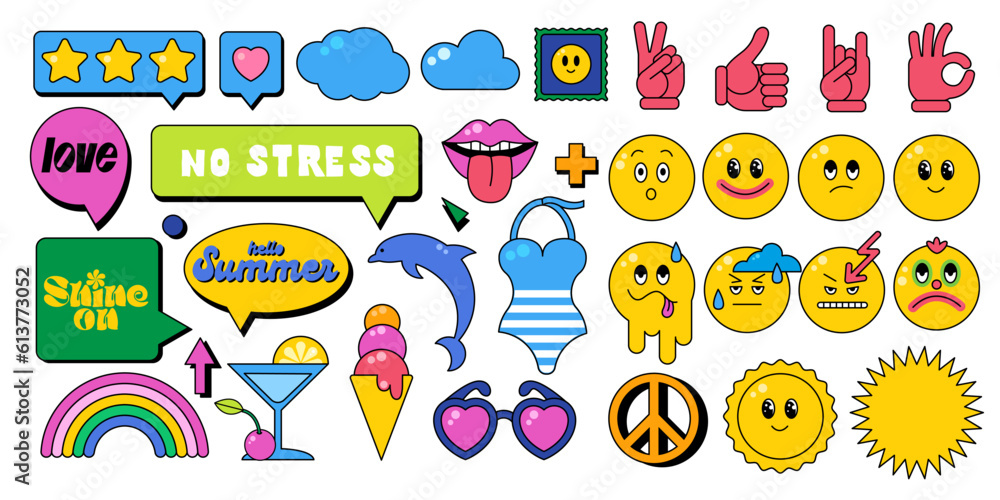 Set of chat frames, emoji, smiles, summer stickers. Summer cartoon elements in vibrant bright colors.
