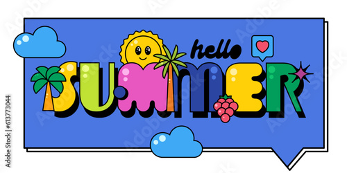 Hello summer message, sticker, banner. Colorful cute retro style. Cartoon sun, palm, clouds, berry.  