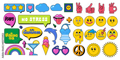 Set of chat frames, emoji, smiles, summer stickers. Summer cartoon elements in vibrant bright colors.
