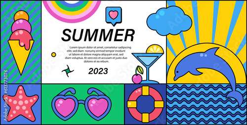Colorful Geometric summer background, poster, banner, card. Place for text. Summer promotion concept.