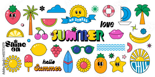 Summer cartoon elements in vibrant bright colors. Beach, holiday, travel, vacation icons, stickers, letters, signs.