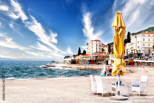 Croatia, beautiful Adriatic coast, Opatija riviera on Kvarner, popular beach Slatina and scenic tourist resorts photo