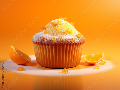 cupcake all'arancia su sfondo arancione, mini muffin all'arancia, illustrazione 3d  photo