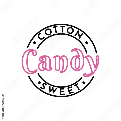 Cotton candy on stick. Vintage Retro Text logo lettering for sweet cotton candy dessert for kids
