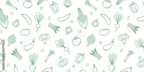 Seamless Pattern of drawing vegetables in doodle style. A set of vector illustrations of the harvest corn potatoes carrots radishes beets garlic onions tomatoes, etc.
