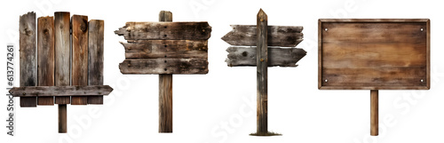 Blank empty wooden rustic signage sign board signpost post wood on transparent background cutout, PNG file. Many assorted different Mockup template for artwork design. 