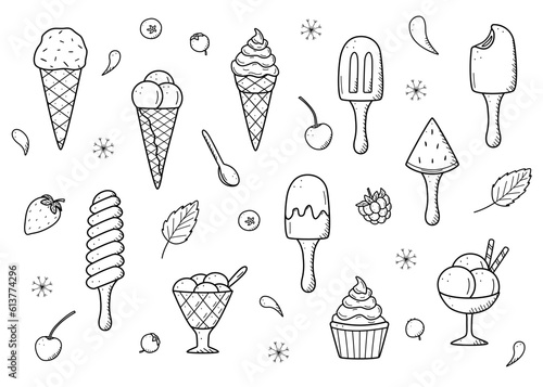 Ice cream and berries set of doodle icons. Vector illustration of summer desserts popsicles, ice cream in waffle cones, strawberry cherry raspberry mint blueberry.