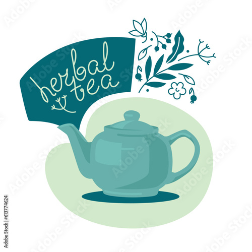 Ceramic teapot for herbal tea. Composition of natural herbs and teapot. Lettering. Vector image.