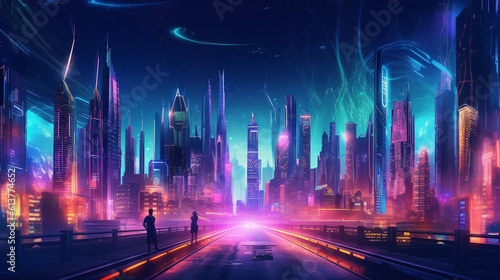 Night city with illuminated skyscrapers and highways. Futuristic city street at night with bright neon lights. Future city concept - AI generated 3d render.