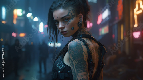 Beautiful young cyborg girl in tech wear and tattoos in a neon-lit street.  Futuristic cyberpunk woman in the city at night. Female cosplay character in a futuristic city. - AI generated 3d render.
