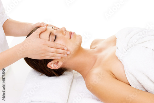 Self care, spa and woman with a facial massage for wellness, health or calm mindset to relax. Cosmetic, beauty and young female person doing head rub treatment isolated by transparent png background.