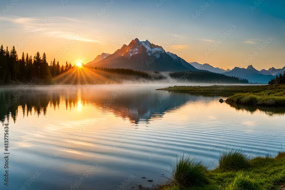 A breathtaking sunrise over a serene lake, with vibrant colors reflecting in the water.