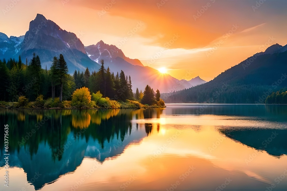 A breathtaking sunrise over a serene lake, with vibrant colors reflecting in the water.