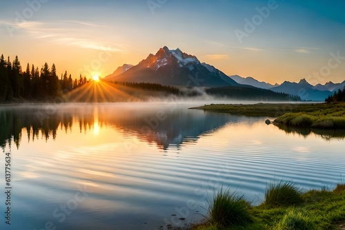 A breathtaking sunrise over a serene lake  with vibrant colors reflecting in the water.