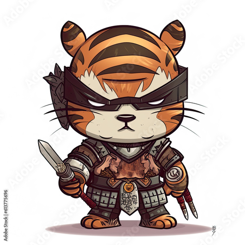 Cute tiger as ninja or samurai, cartoon chibi style, generative AI illustration