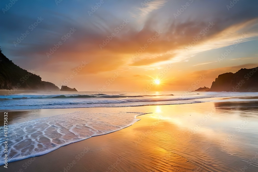 A tranquil beach at sunset, with golden sand, gentle waves, and a vibrant sky.
