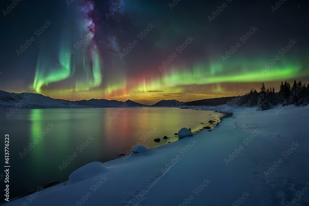 A stunning aurora borealis dancing in the night sky above a snowy landscape